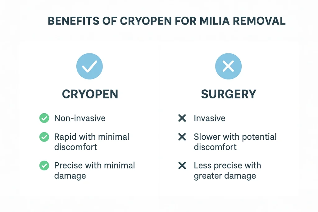 Benefits of cryopen for milia removal Greater London (Barking and Dagenham) compared to surgical treatments.