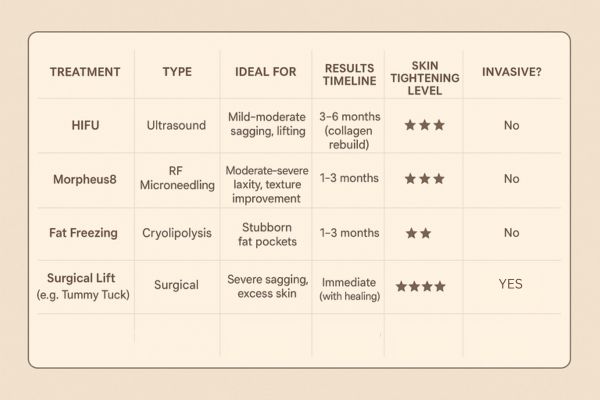 Table showing the comparisons of Skin tightening Greater London (Barking and Dagenham) treatment options.